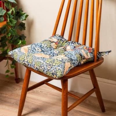 William Morris Strawberry Thief Tapestry Quilted Seat Pad in Blue