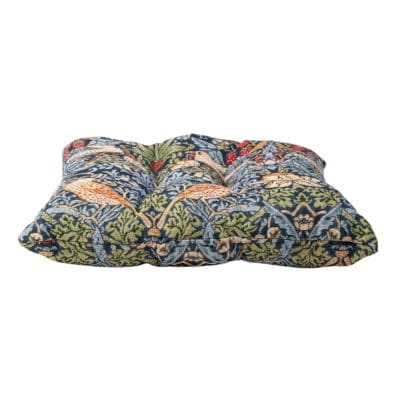 William Morris Strawberry Thief Tapestry Quilted Seat Pad in Blue