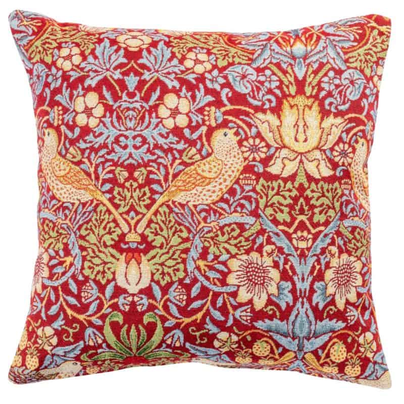 William Morris Strawberry Thief Tapestry Cushion in Red