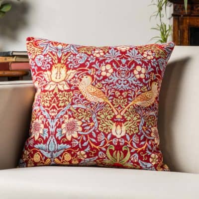 William Morris Strawberry Thief Tapestry Cushion in Red