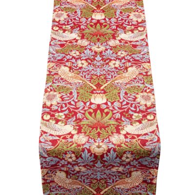 William Morris Strawberry Thief Tapestry Table Runner in Red