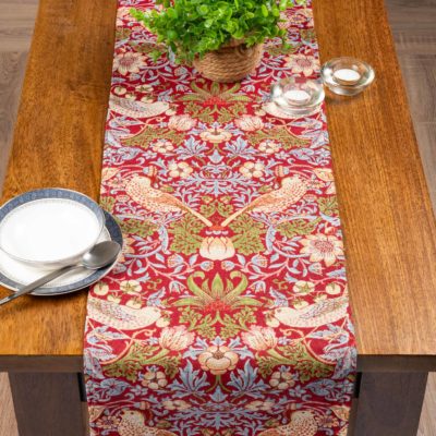 William Morris Strawberry Thief Tapestry Table Runner in Red