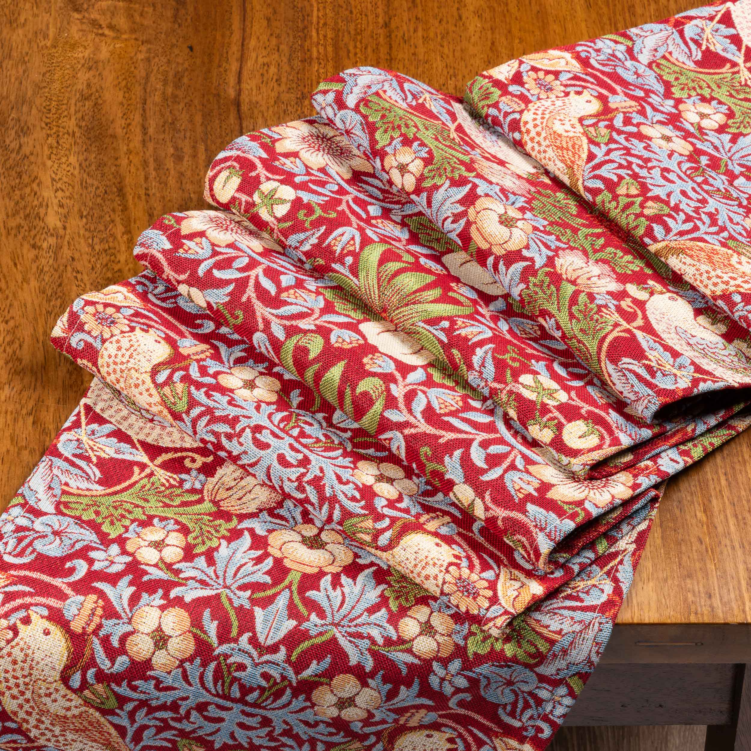William Morris Strawberry Thief Tapestry Table Runner in Red