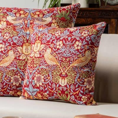 William Morris Strawberry Thief Tapestry Extra-Large Cushion in Red