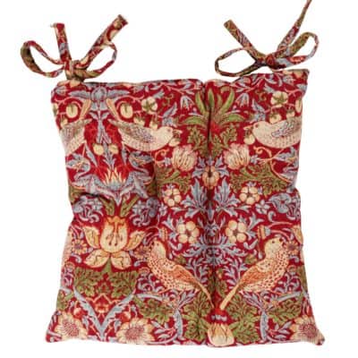 William Morris Strawberry Thief Tapestry Quilted Seat Pad in Red