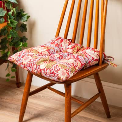 William Morris Strawberry Thief Tapestry Quilted Seat Pad in Red