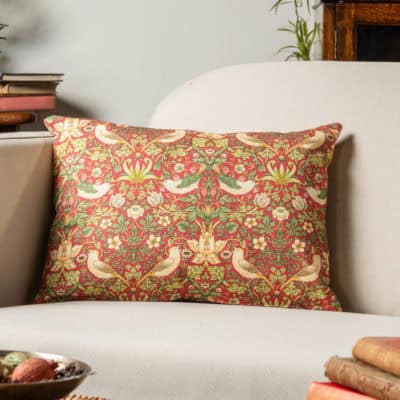 William Morris Strawberry Thief Printed Boudoir Cushion in Red