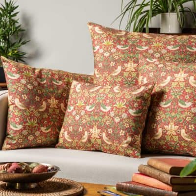 William Morris Strawberry Thief Printed Boudoir Cushion in Red