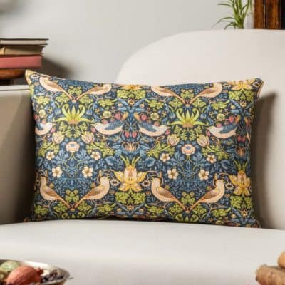 William Morris Strawberry Thief Printed Boudoir Cushion in Blue