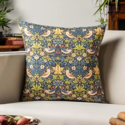 William Morris Strawberry Thief Printed Cushion in Blue