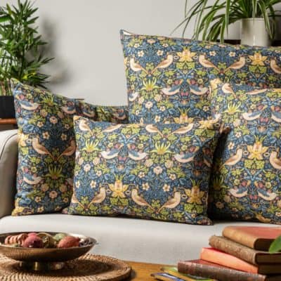 William Morris Strawberry Thief Printed Cushion in Blue