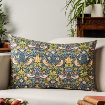 William Morris Strawberry Thief Printed XL Rectangular Cushion in Blue
