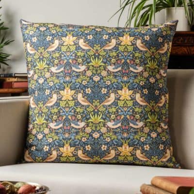William Morris Strawberry Thief Printed Extra-Large Cushion in Blue