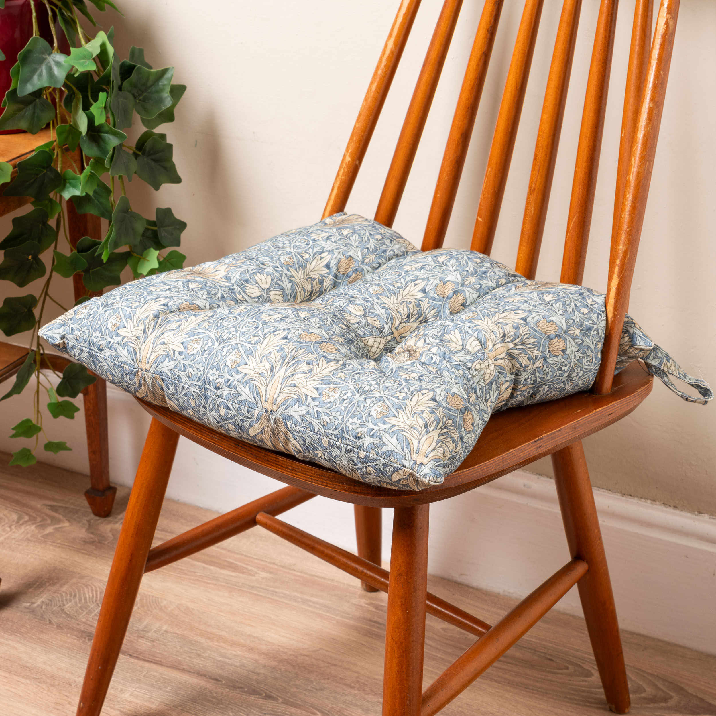 William Morris Snakeshead Tapestry Quilted Seat Pad in Denim Blue
