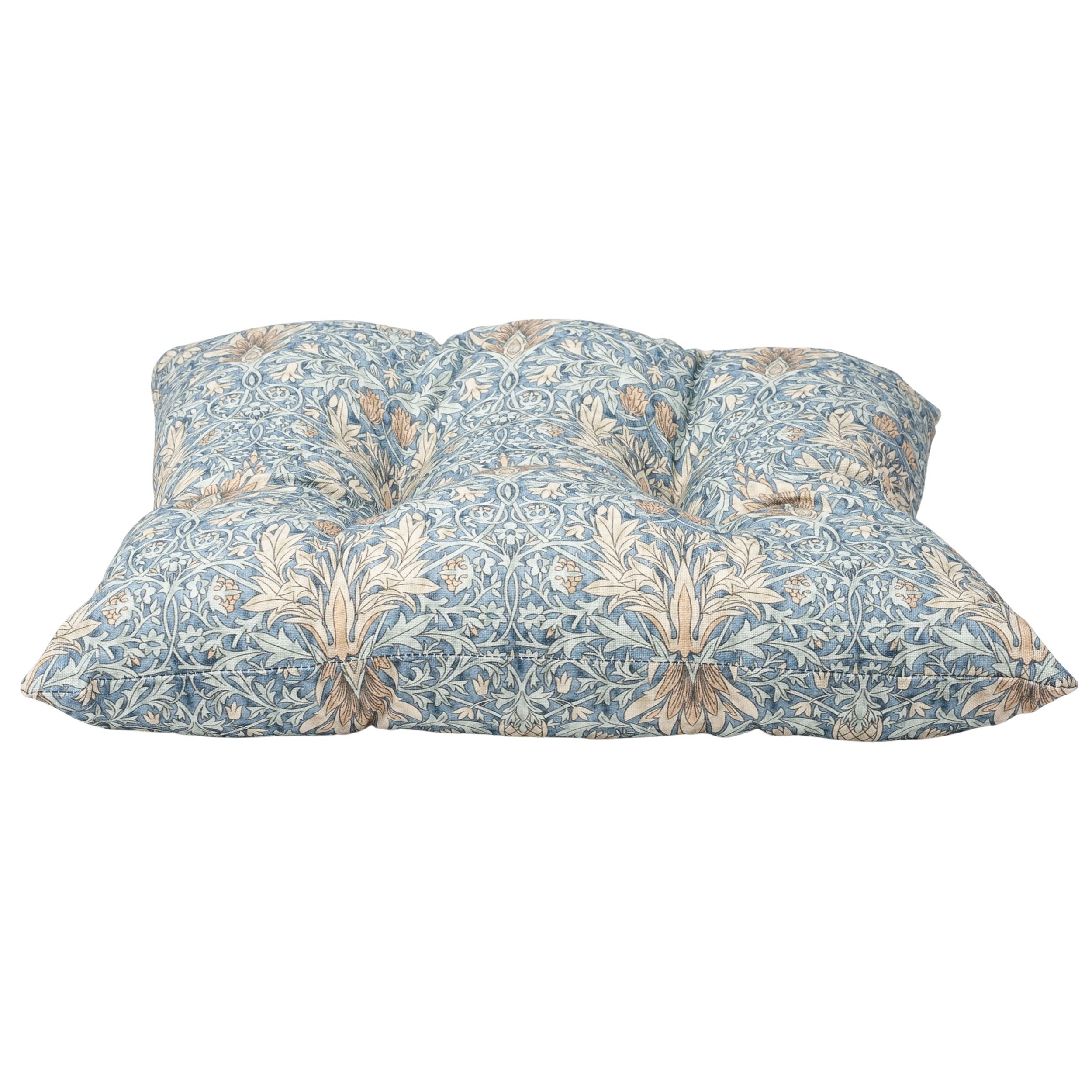 William Morris Snakeshead Tapestry Quilted Seat Pad in Denim Blue