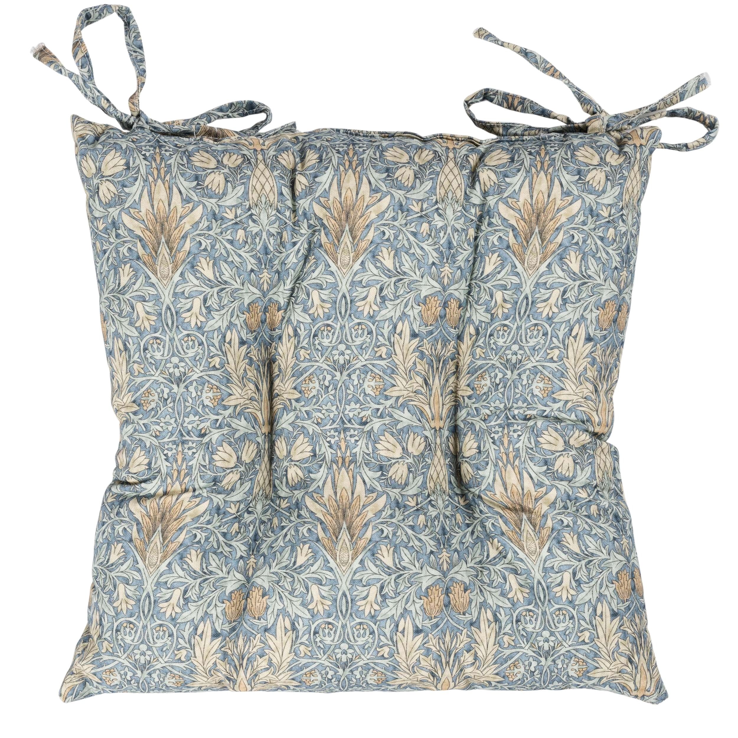 William Morris Snakeshead Tapestry Quilted Seat Pad in Denim Blue