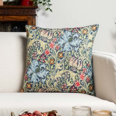 William Morris Golden Lily Tapestry Cushion in Sapphire Blue