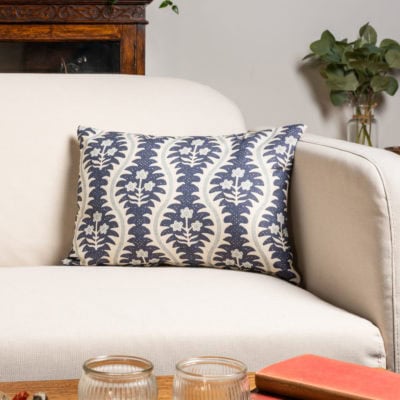 Scalloped Floral Block Print Boudoir Cushion in Indigo Blue