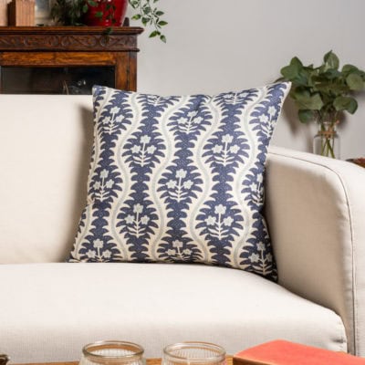 Scalloped Floral Block Print Cushion in Indigo Blue