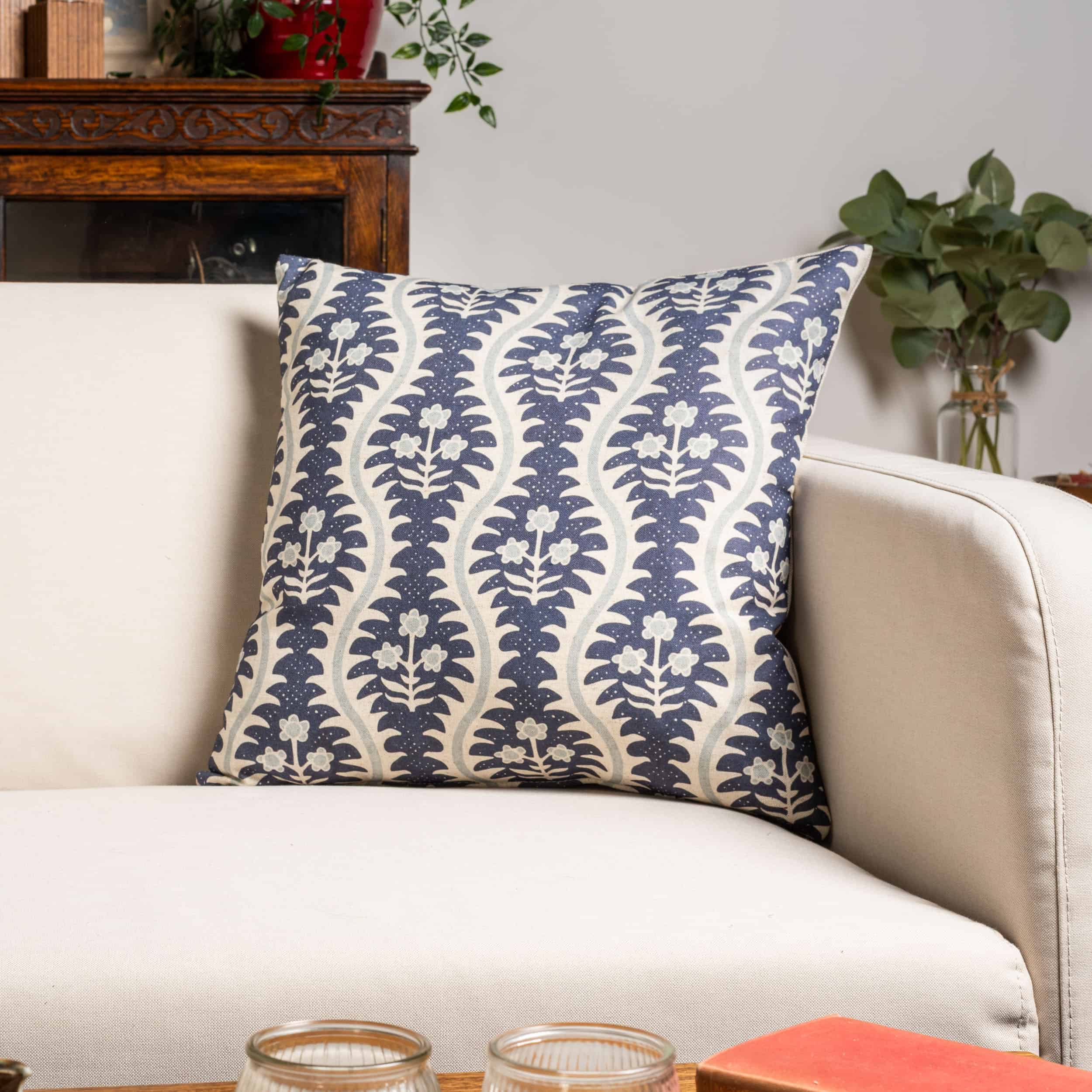 Scalloped Floral Block Print Cushion in Indigo Blue