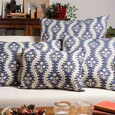 Scalloped Floral Block Print Cushion in Indigo Blue