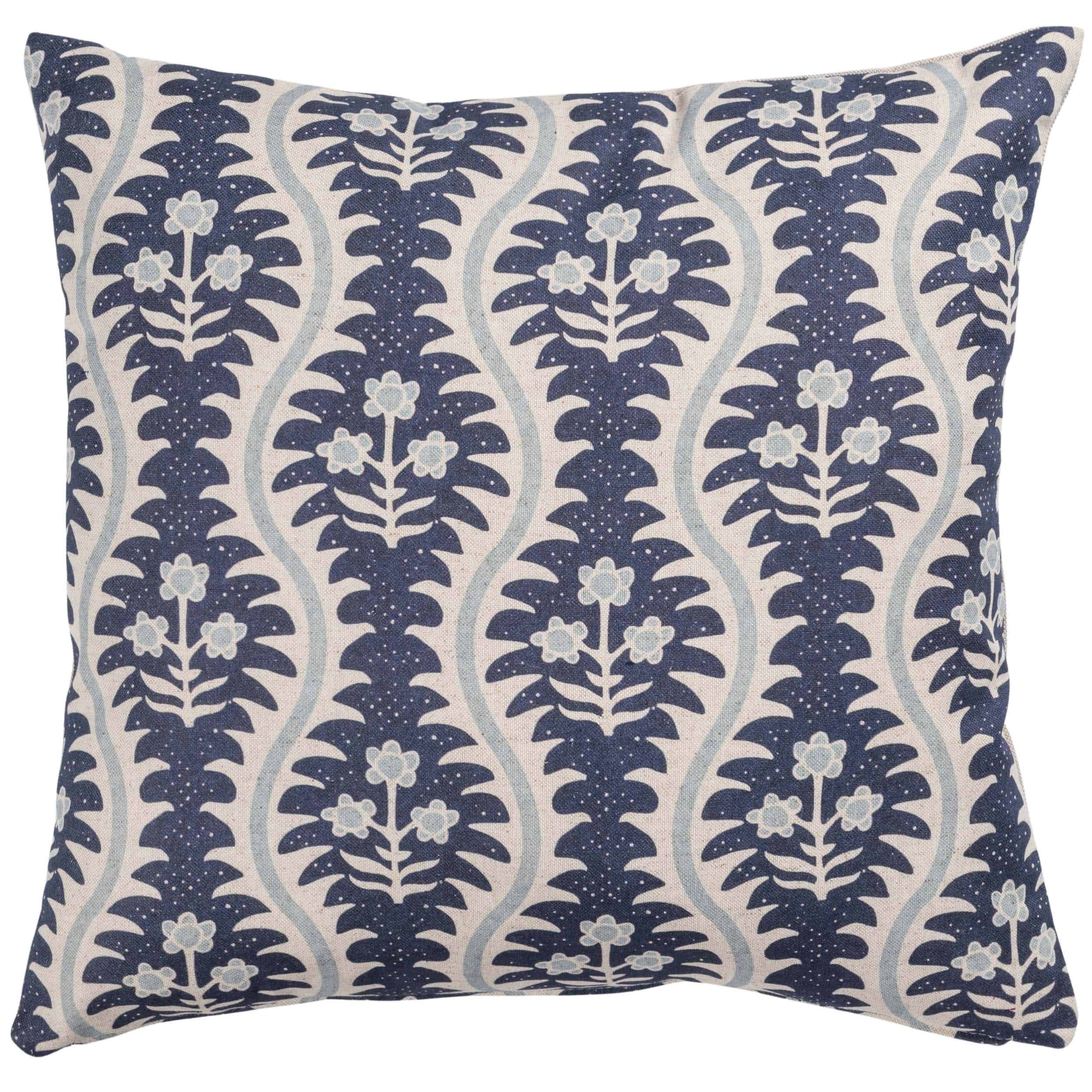 Scalloped Floral Block Print Cushion in Indigo Blue