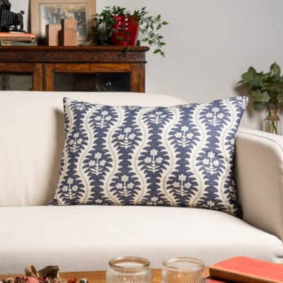 Scalloped Floral Block Print XL Rectangular Cushion in Indigo Blue