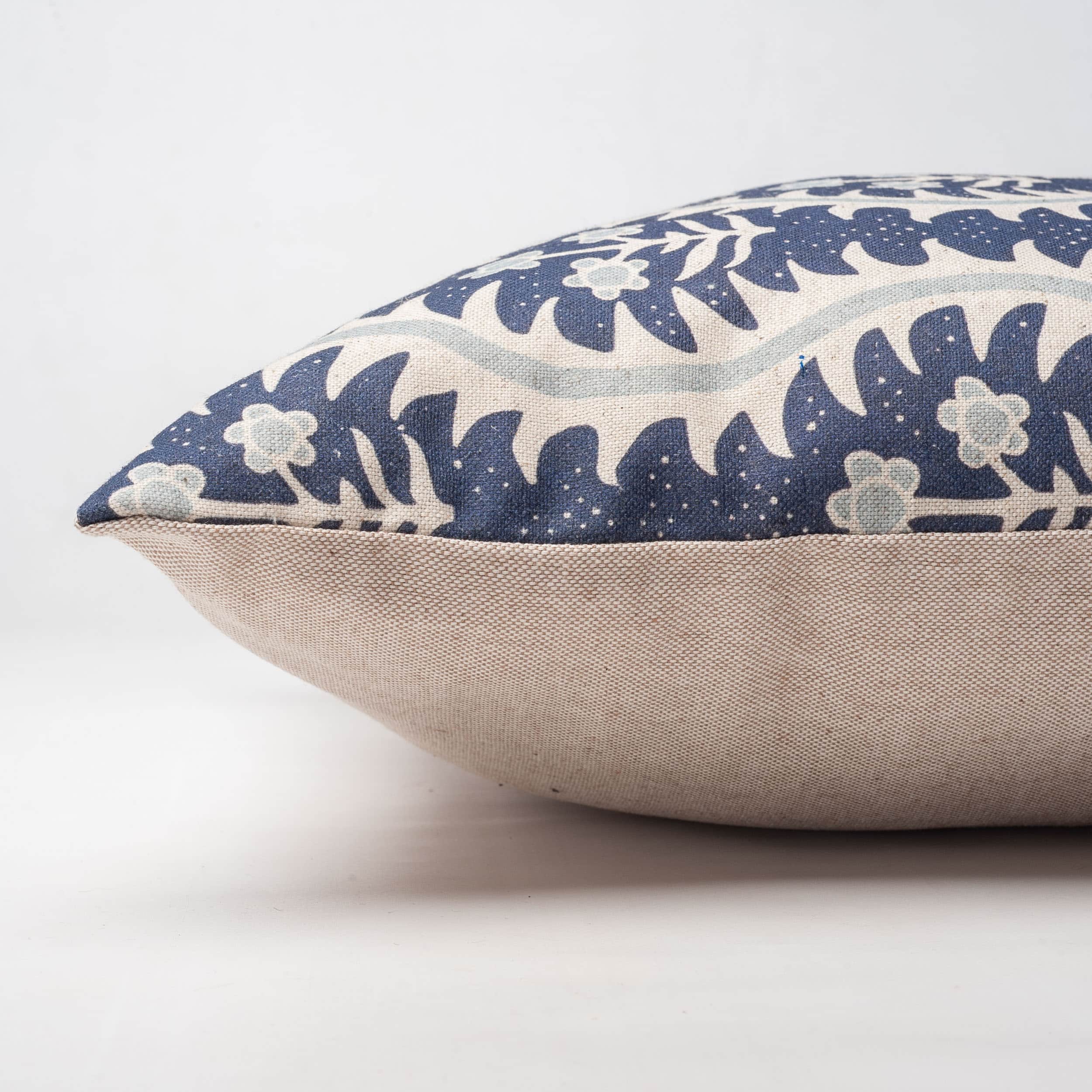 Scalloped Floral Block Print XL Rectangular Cushion in Indigo Blue