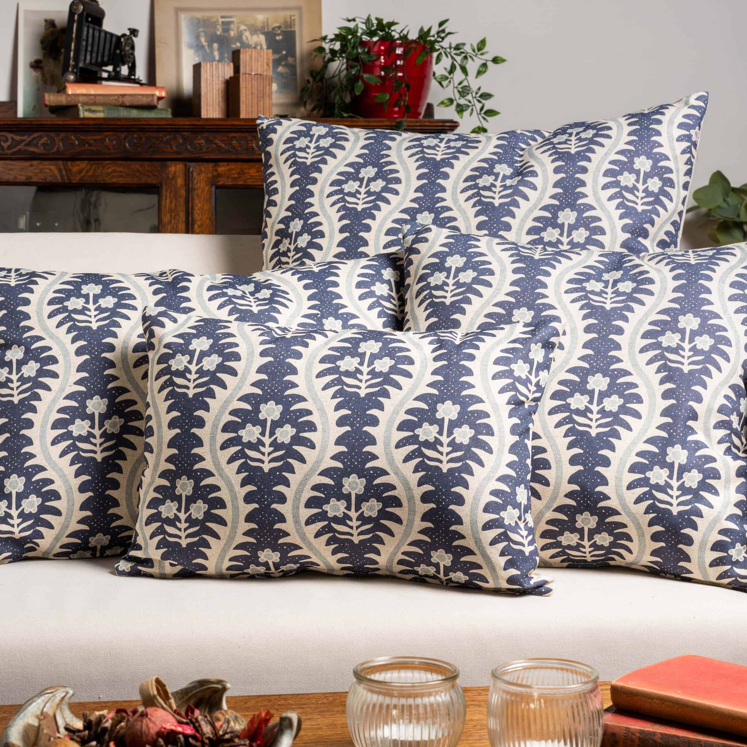 Scalloped Floral Block Print XL Rectangular Cushion in Indigo Blue