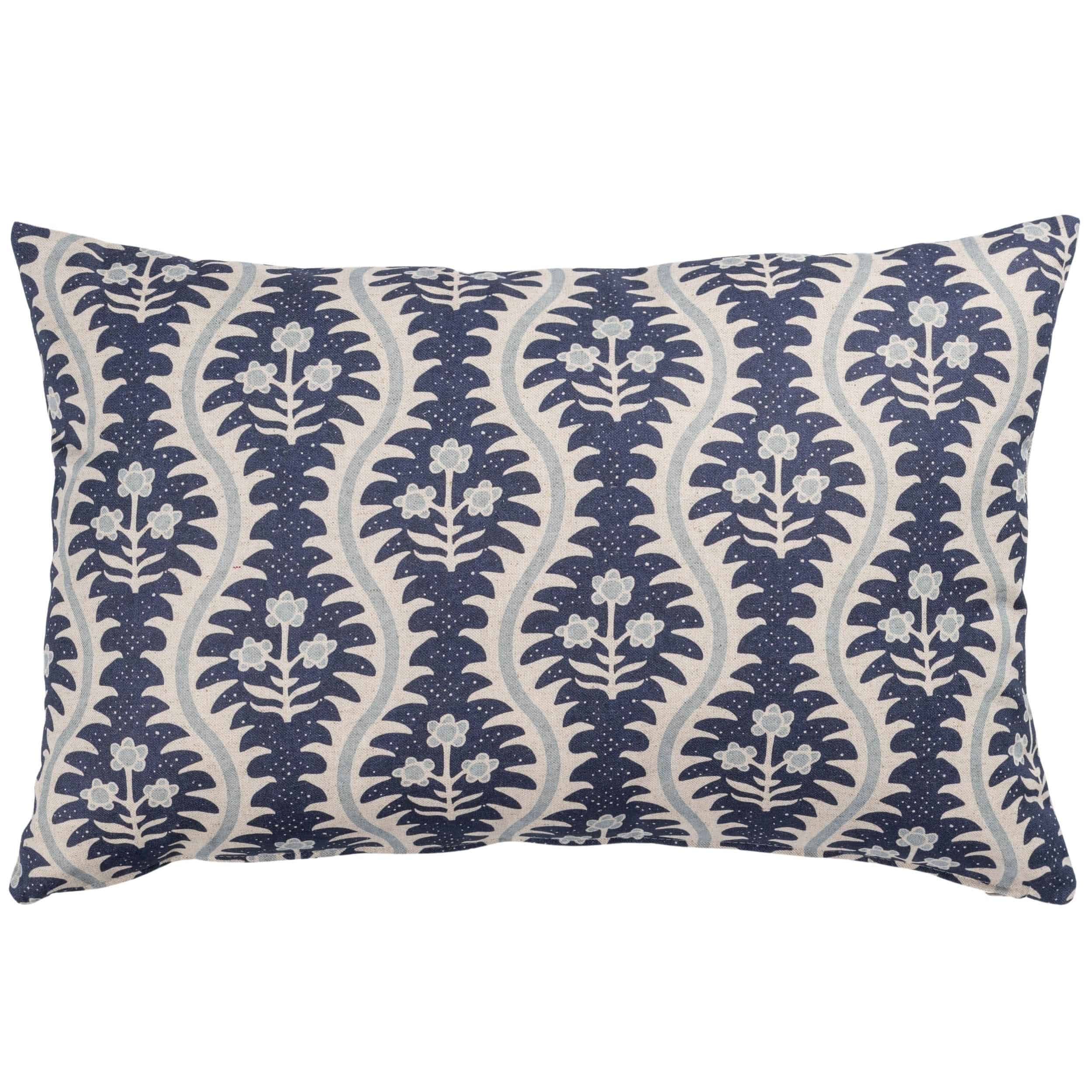 Scalloped Floral Block Print XL Rectangular Cushion in Indigo Blue