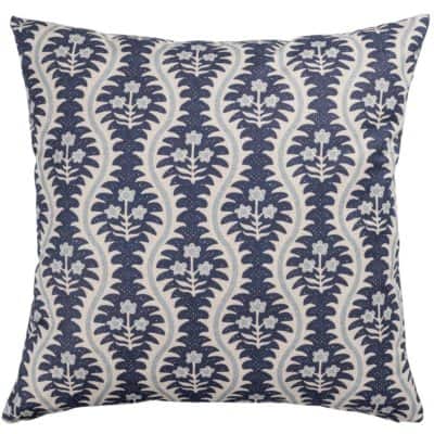 Scalloped Floral Block Print Extra-Large Cushion in Indigo Blue