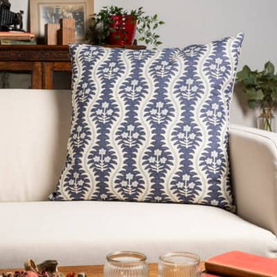 Scalloped Floral Block Print Extra-Large Cushion in Indigo Blue
