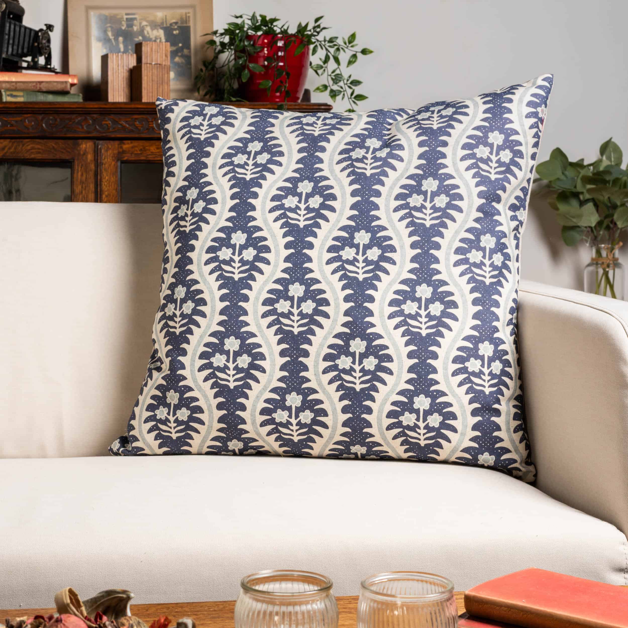 Scalloped Floral Block Print Extra-Large Cushion in Indigo Blue