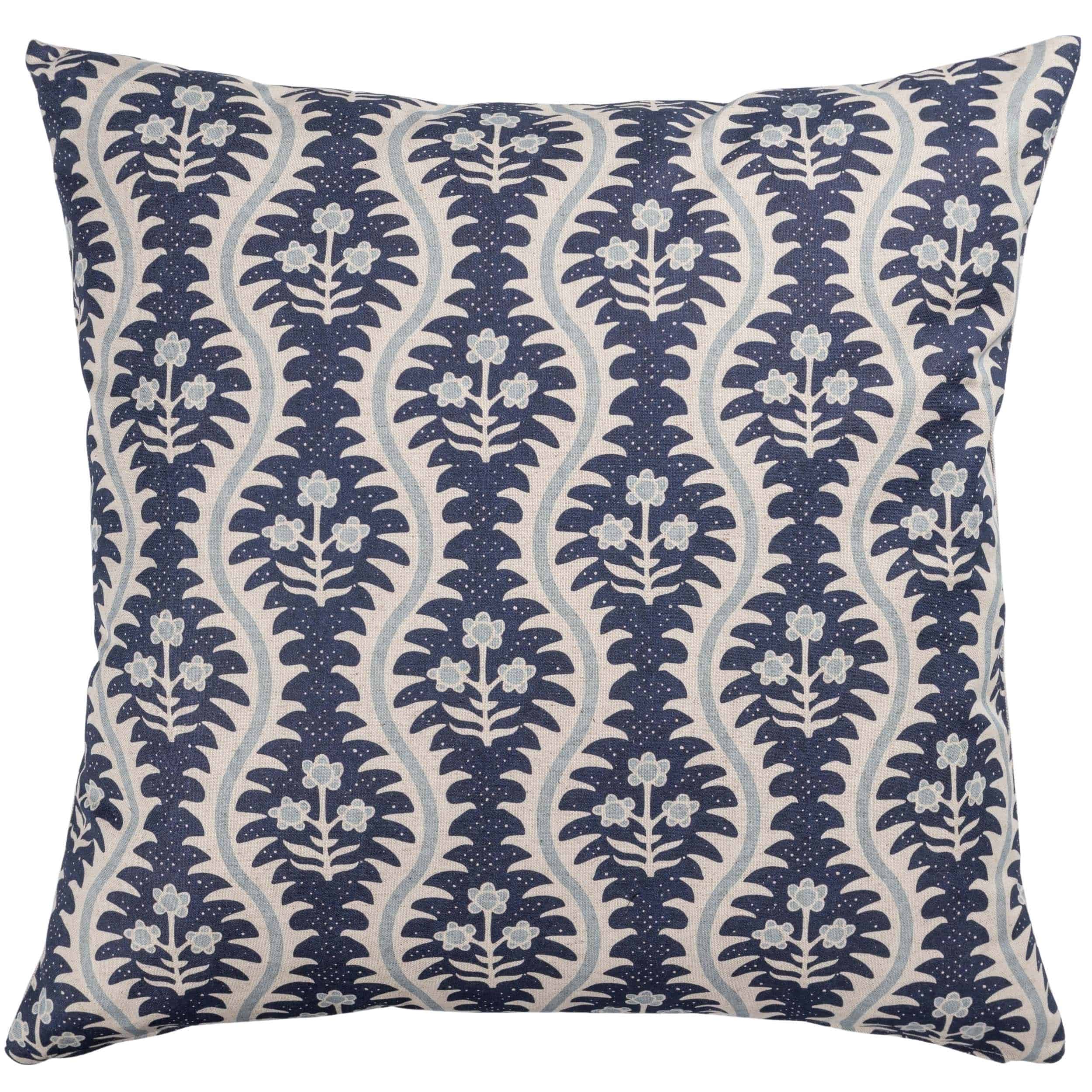Scalloped Floral Block Print Extra-Large Cushion in Indigo Blue