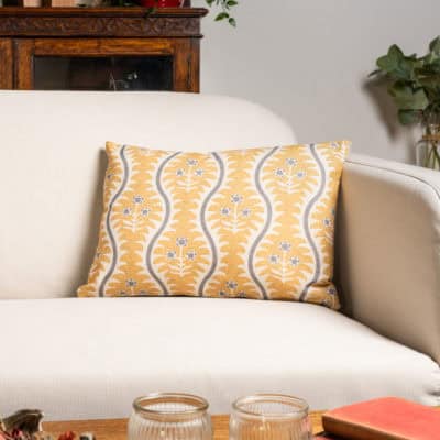 Scalloped Floral Block Print Boudoir Cushion in Ochre Yellow