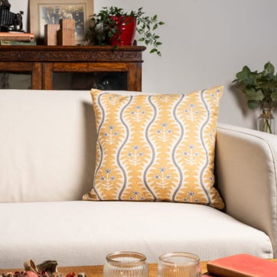 Scalloped Floral Block Print Cushion in Ochre Yellow