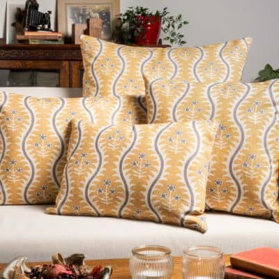 Scalloped Floral Block Print Cushion in Ochre Yellow