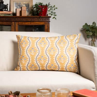 Scalloped Floral Block Print XL Rectangular Cushion in Ochre Yellow