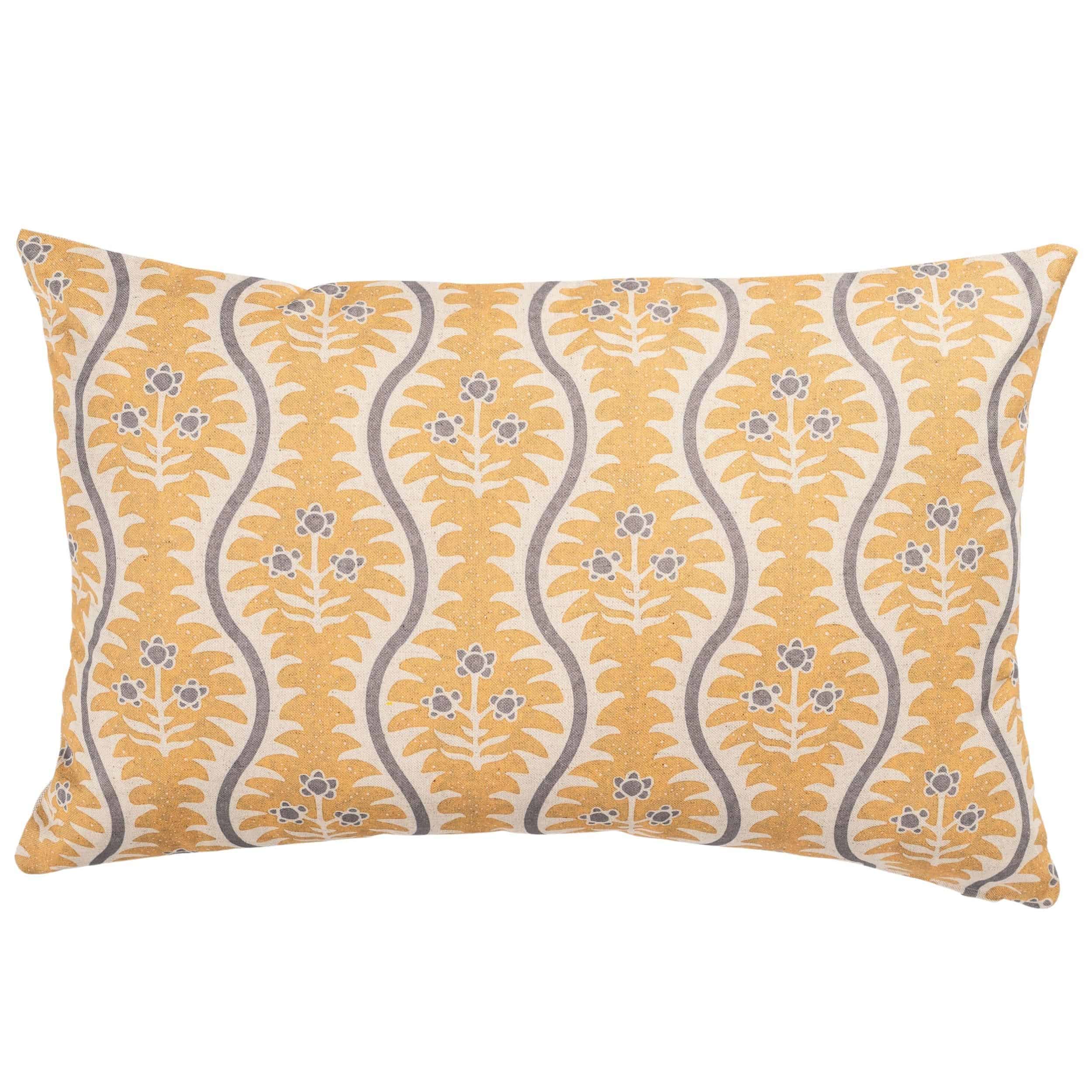 Scalloped Floral Block Print XL Rectangular Cushion in Ochre Yellow