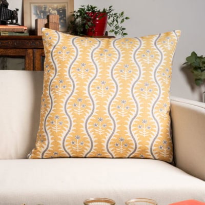 Scalloped Floral Block Print Extra-Large Cushion in Ochre Yellow