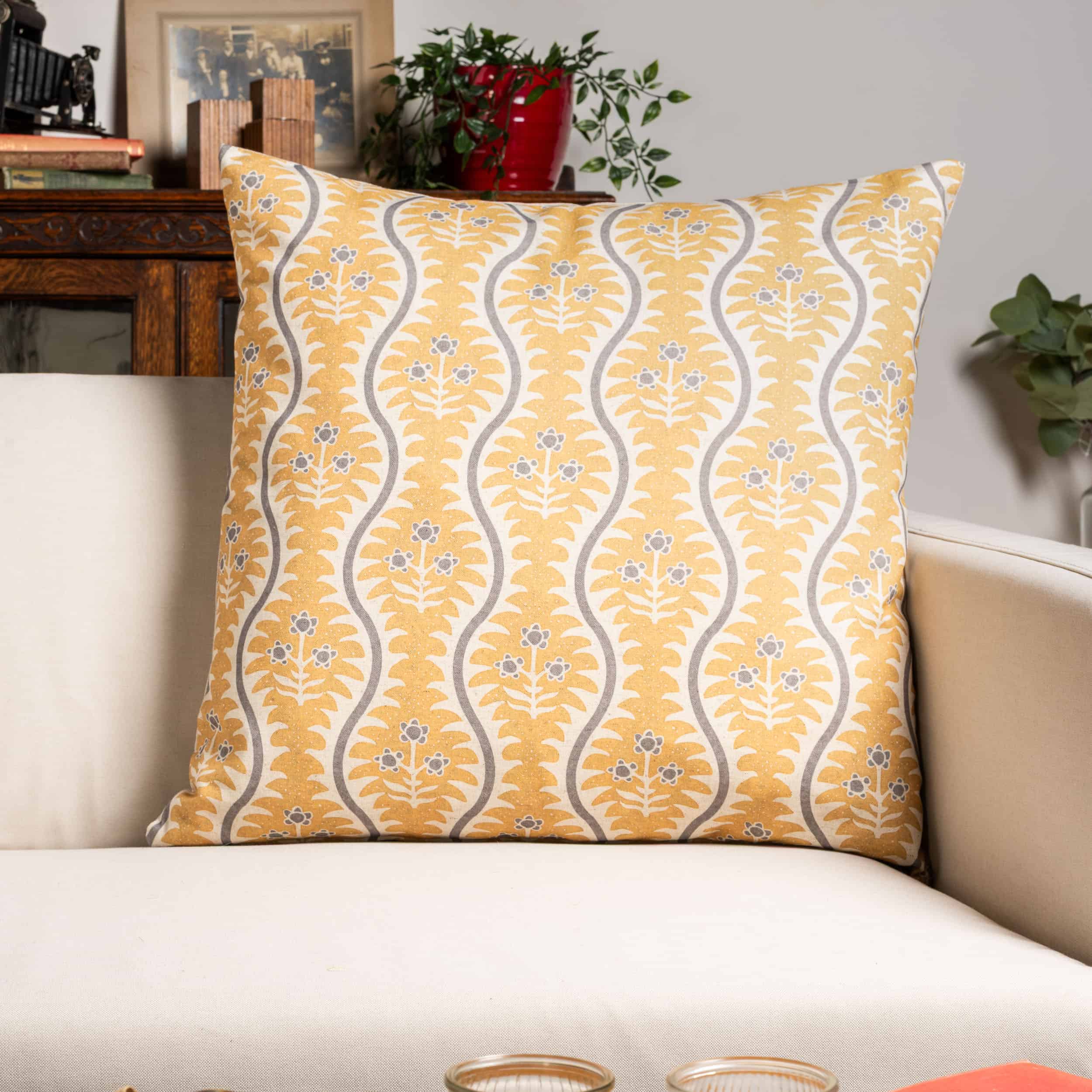 Scalloped Floral Block Print Extra-Large Cushion in Ochre Yellow