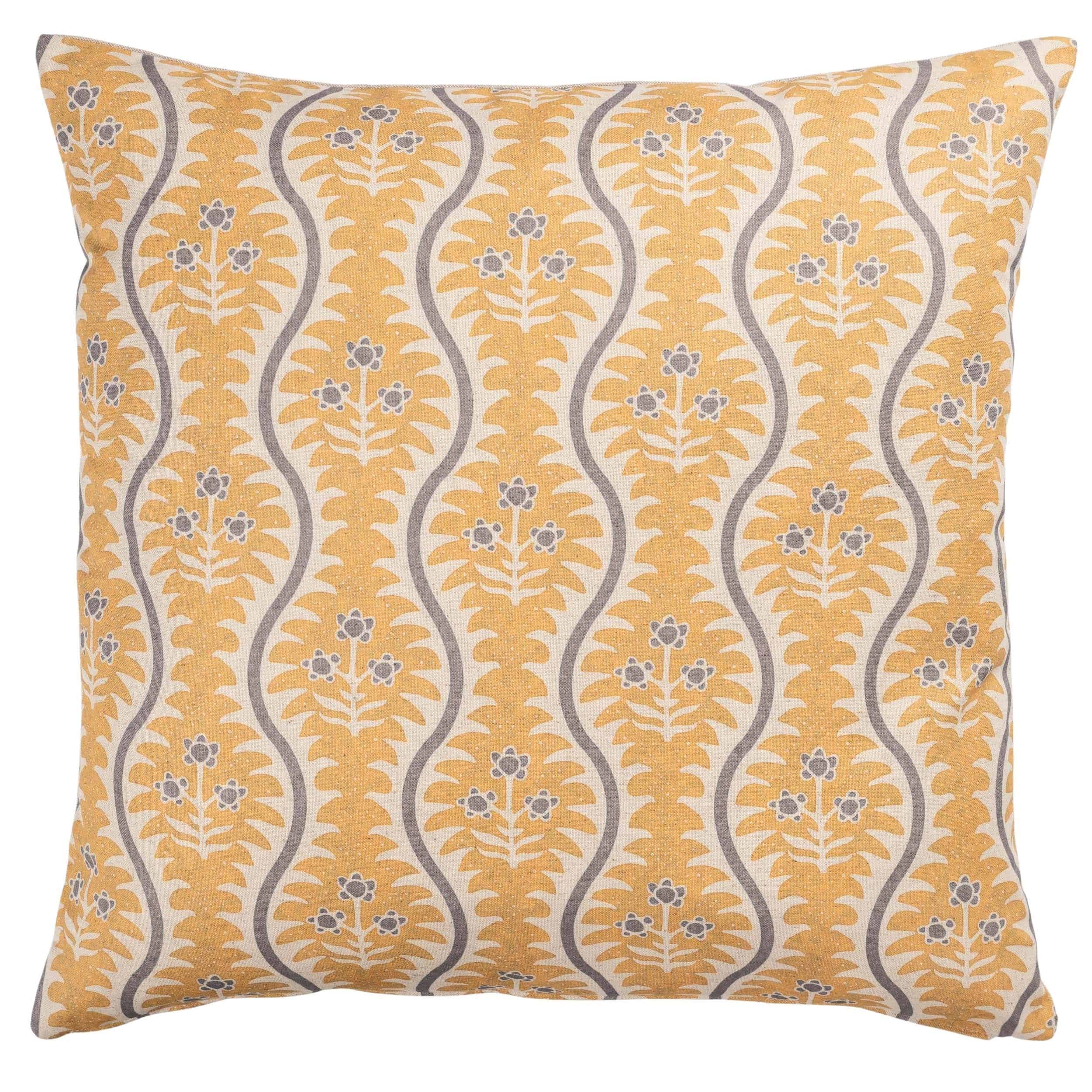 Scalloped Floral Block Print Extra-Large Cushion in Ochre Yellow