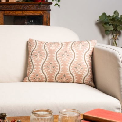 Scalloped Floral Block Print Boudoir Cushion in Blush Pink