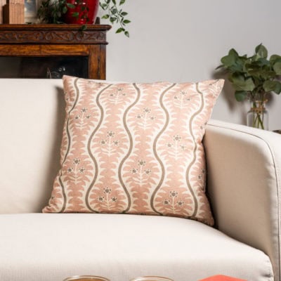 Scalloped Floral Block Print Cushion in Blush Pink