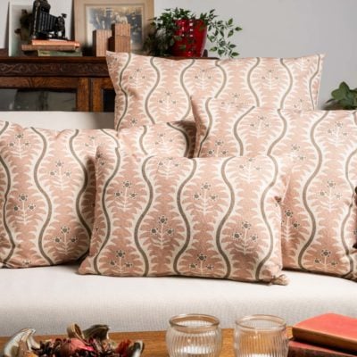 Scalloped Floral Block Print Cushion in Blush Pink
