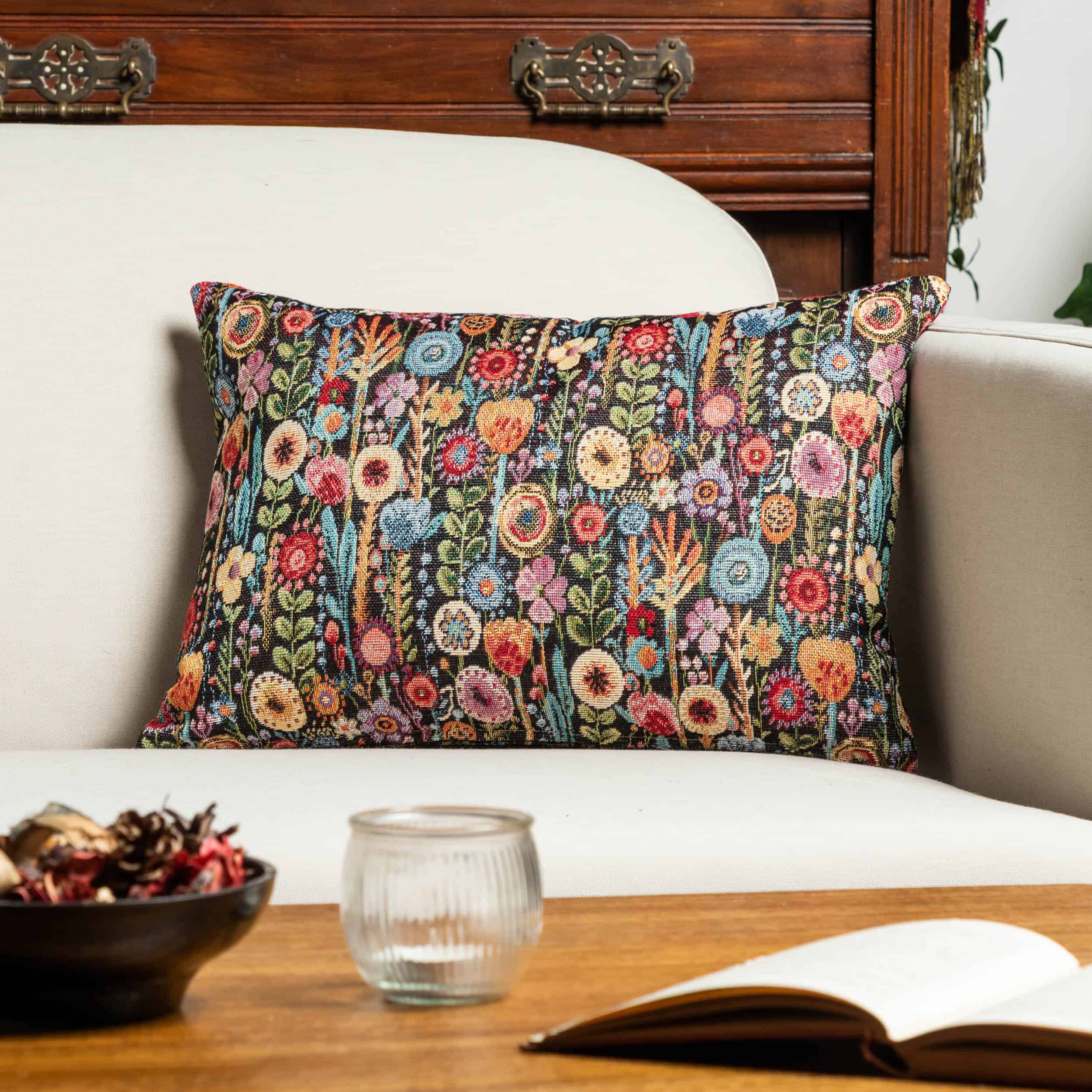 Secret Garden Tapestry Boudoir Cushion in Midnight Black
