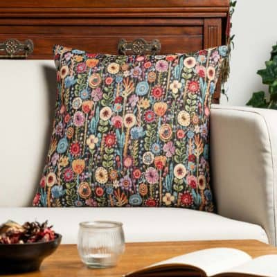 Secret Garden Tapestry Cushion in Midnight Black