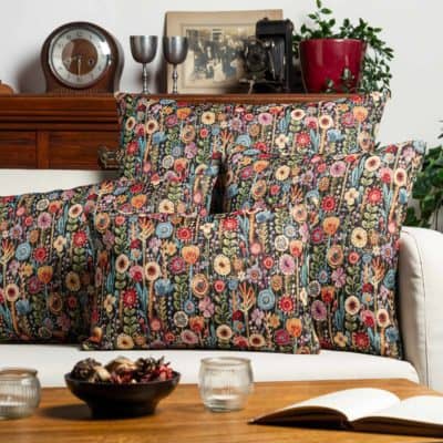 Secret Garden Tapestry Cushion in Midnight Black