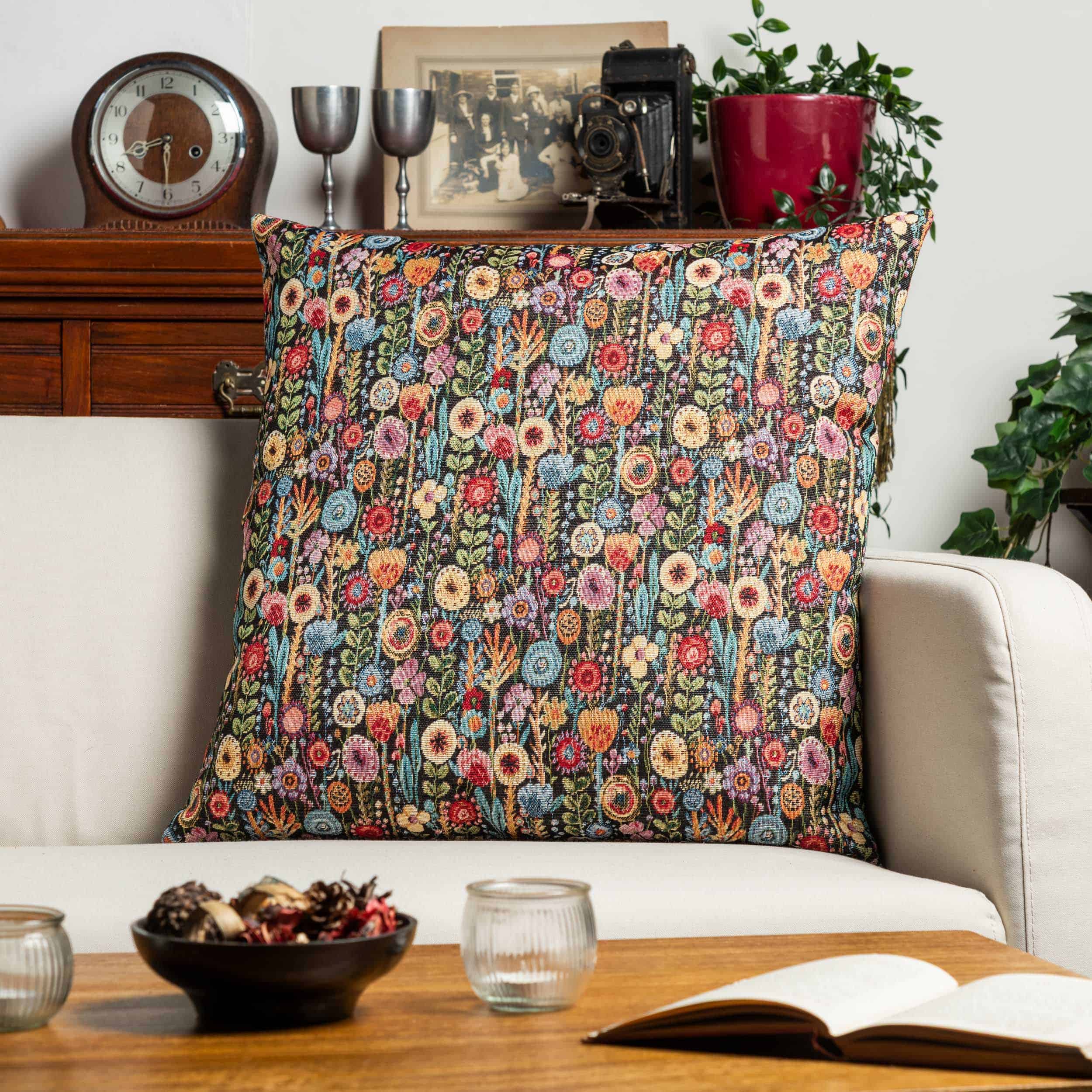 Secret Garden Tapestry Extra-Large Cushion in Midnight Black