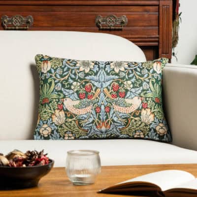 William Morris Strawberry Thief Tapestry Boudoir Cushion in Green